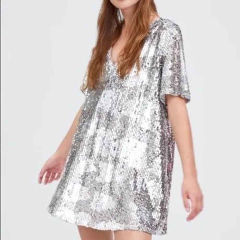 Zara TRF Silver Sequin V-Neck Mini Dress Short Sleeve Party Holiday Womens XS